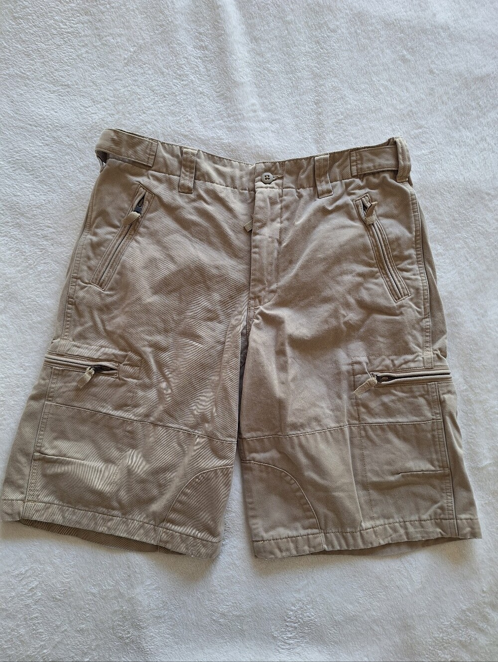 Express EXP81 Mens Utility Cargo Shorts Khaki Tan Multi Zip Y2K Skater Sz 33